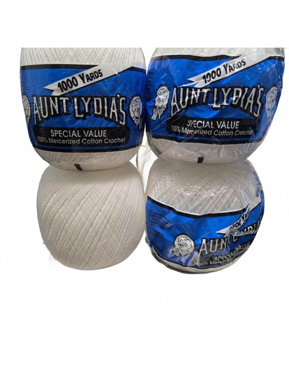 NEW! Aunt Lydias 100% Mercerized Cotton Crochet Thread White Lot of 4 = 4000 yds